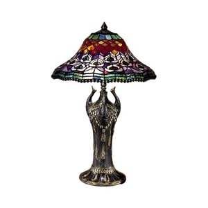 Antique Bronze Tiffany Style Peacock Tail Art Glass Shade Table Lamp by Dale Tiffany Lamps