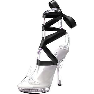 CLEAR STILETTO SHOES 7RIBBON POLE DANCER/DANCING - SIZE UK 6 & 6.5 & 7