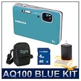 Samsung AQ100 12 MP Digital Point and Shoot Camera (Blue), Waterproof to 10', 5x, 35-175mm Equivalent Zoom, Records 720p Video Underwater or On Land, Aqua Mode Setting f/Underwater Shots, Deluxe Carrying Case, 4 GB Memory Card, 3 Pcs. Lens Cleaning Kit