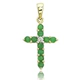 .04 carat Round Diamond .44 ct Emerald Prong Set 14K Yellow Gold Charm Cross Pendant