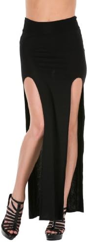Solid Double Slit Maxi Skirt in Black-S