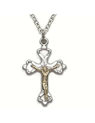 .925 Sterling Silver Crucifix Pendant Necklace in a 2-Tone and White Pearl Heart Ends Design Catholic Jewelry Crucifix Pendant Necklaces Gift Boxed.w/Chain Necklace 18" Length Gift Boxed.