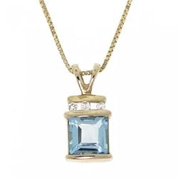 Princess Blue Topaz & Diamond Pendant in Yellow Gold with Box Chain