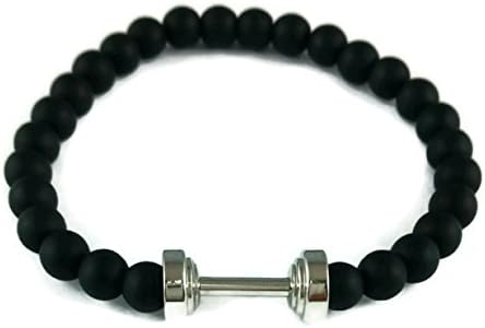 316L Stainless steel Fitness Fit Life Dumbell 6mm Black Beaded Stretch Bracelet