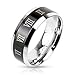 STR-0139 Stainless Steel Black IP Center with Roman Numerals Beveled Edge Band Ring; Comes With Free Gift Box