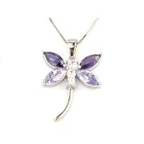 Luxury Ladies Solid 925 Sterling Silver Purple Stone Set Dragonfly Pendant & 16 Sterling Silver Chain Necklace - Ideal for Christmas, Birthday, Anniversary or Mothers Day Gift