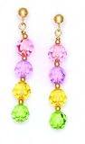 14k 6 mm Round Pink Purple Yellow and Green Crystal Earrings