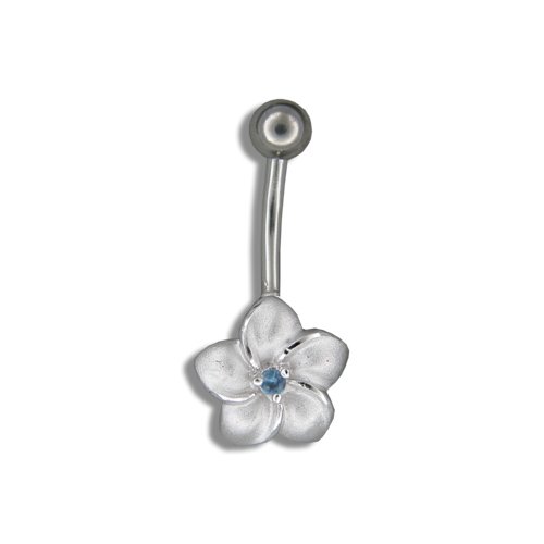 Sterling Silver Hawaiian Plumeria Flower Blue CZ Belly Ring