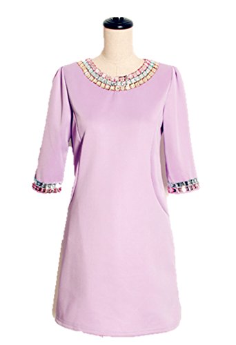 ワンピース ３色 ラウンドネックネックラインビジュー 7分袖 Ａライン フレアスカート クラシックレトロ 結婚式 パーティー春秋 クマのぬいぐるみ付き K-1326