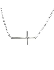 Sterling Silver 16 + 2" extension Sideways Cross Single CZ Necklace