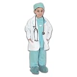 Green Junior Physician Outfit with Lab Coat, Scrub Set, and Stethoscope, Size 6/8