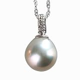 Dyed Gray 9.5-10mm Dewdrop 14k Gold Diamond Cultured Pearl Pendant w. Gold Chain Necklace - by Dahlia Classic Jewelry Collection