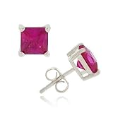 Sterling Silve 6mm Square Dark Pink Magenta CZ Prong Stud Earrings