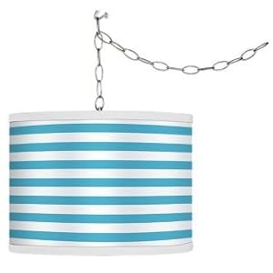Swag Style Aqua Horizontal Stripe Shade Plug-In Chandelier