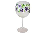 ArtisanStreet's Large Ceremonial Shabbat Kiddish Cup Features Grape Swirl Design in Shades of Purple on Oversized Red Wine Goblet. Clear Crystal and Gold Lettering. Hand Painted, One of a Kind, Signed by Artisan