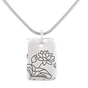 Rectangular Lotus Flower Pendant in Sterling Silver on a 16" Rhodium and Sterling Silver Snake Chain, #8000
