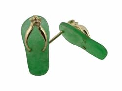 Green Jade Flip Flop Plumeria Strap Sandal Earrings, 14k Gold