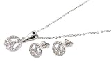 Mini Peace Sign CZ Necklace & Earrings Sterling Silver Set