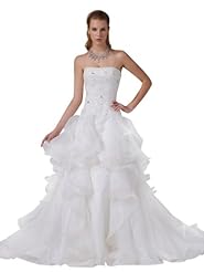 Strapless Organza/Satin Spring Fall Winter  Applique Beaded Lace-Up Wedding Dress  with a Chapel Train  With Ruffles