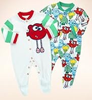 2 Pack Petit Bebe Pure Cotton Monster Striped Sleepsuits