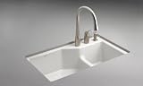 KOHLER K-6411-3-0 Indio Undercounter Double Offset Basin Kitchen Sink with Three-Hole Faucet Drilling, White