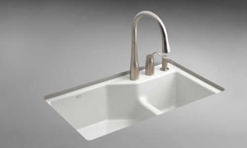 KOHLER K-6411-3-0 Indio Undercounter Double Offset Basin Kitchen Sink with Three-Hole Faucet Drilling, White
