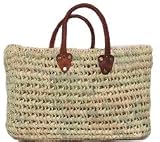 Hand Woven Large Moroccan Straw Bag w/ Brown Leather Handles 19"Lx8"Wx13"H