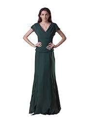 V-neck Pleated  Cap Sleeves Chiffon Mother-of-the-Bride Dress  With Rhinestones