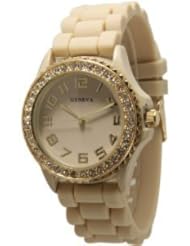 Beige Ceramic Style Silicone Geneva Womens Watch Large Round Face Surrounded with Sparkly Gold Rhinestones
