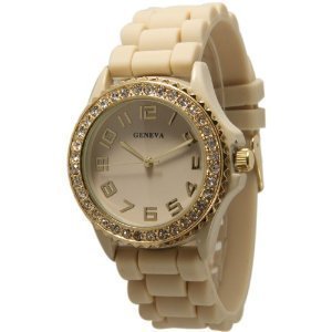 Beige Ceramic Style Silicone Geneva Womens Watch Large Round Face Surrounded with Sparkly Gold Rhinestones