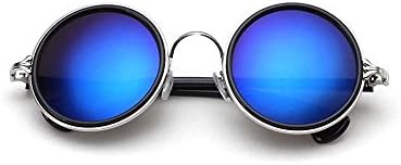 Male and female models circular frame Colorful retro reflective sunglasses tide wild (Silver frame dark blue lenses)