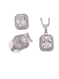 Sterling Silver Emerald Cut CZ Pendant and Necklace Set in Pave Setting, Clear