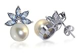 New 9 MM Fresh Water Pearl Blue Topaz Gemstone 925 Sterling Silver Stud Earrings