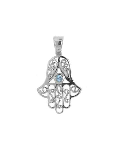 Sterling Silver 925 Blue CZ HAMSA Pendant with chain [Jewelry]
