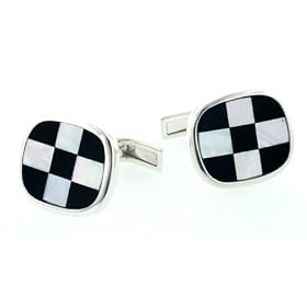Sterling silver cufflinks with chess or checkerboard mother of pearl and onyx with... by Onyx Cufflinks