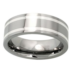 Tungsten Carbide 8 mm (5/16) High Polished Comfort Fit Flat Band, w/ 2 Sterling Silver Inlay Stripes. LIFETIME WARRANTY.