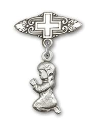 Sterling Silver Baby Badge with Praying Girl Charm and Badge Pin with Cross