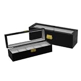 Watch Box Storage Display Chest For 5 Watches Black Wood Finish See Thru Top Jewlery Gift Case
