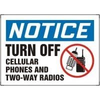 Click here to buy NOTICE TURN OFF CELLULAR PHONES AND TWO-WAY RADIOS (W GRAPHIC) 10 x 14 Plastic Sign by Accuform.