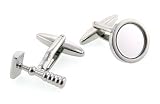 Highly unusual rhodium plated razor and shaving mirror cufflinks with presentation box