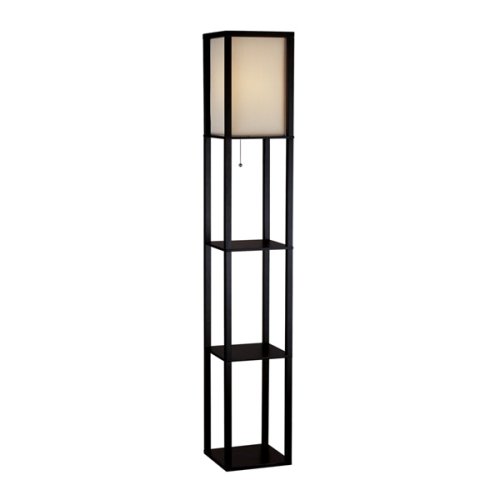 Square Floor Lamp with Paper Shade and Shelves - Black/ Beige