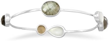 Sterling silver 1.5mm polished stackable bangle bracelet with labradorite, mother of pearl, rainbow moonstone and smoky quartz. The pear shape smoky quartz is approximately 9mm x 13mm. The oval rainbow moonstone measures 11.5mm x 15mm, and the pear shape rainbow moonstone measures 9mm x 13mm. The oval labradorite is approximately 14mm x 13mm.