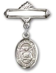 Sterling Silver Baby Badge with St. Catherine Laboure Charm and Polished Badge Pin