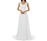 Modest A-line V-neck Chiffon Lace Applique Backless Wedding Party Dress 