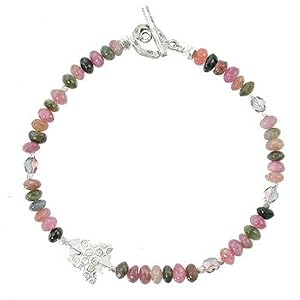 Green and Pink Tourmaline Gemstone Beaded Toggle Bracelet with Czech Glass beads and a Sterling Silver Butterfly Charm, 7 3/4" long, #8079