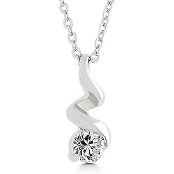 White Gold Rhodium Bonded Solitaire Pendant With a Twisted Silvertone Ribbon Grasping a Round Cut Clear CZ at the Bottom in Silvertone