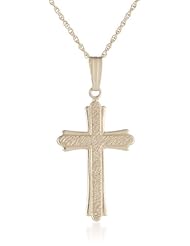 14k Yellow Gold Solid Embossed Stipple Cross Pendant Necklace, 18"