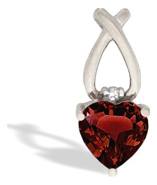 14K White Gold Genuine Heart Garnet and Diamond Pendant