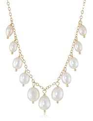 Graduated White Freshwater Cultured Pearl Drops on Gold over Silver Chain Necklace, 16"+2" Extender