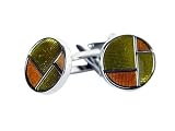 Retro Reflective Yellow & Chestnut Brown Enamel Round Silver Cufflinks with Presentation Box